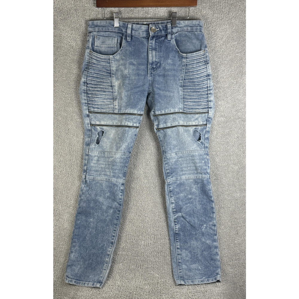 Southpole Jeans Mens 32x30 Acid Wash Skinny Moto Biker Ribbed Zip Distressed